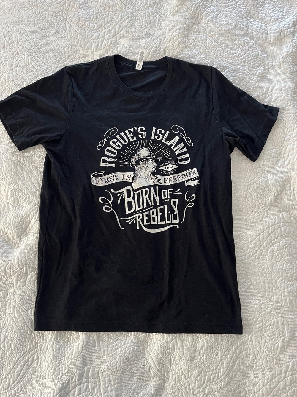 Rhode Island Black Graphic Tee with White 'Born of Rebels' Print